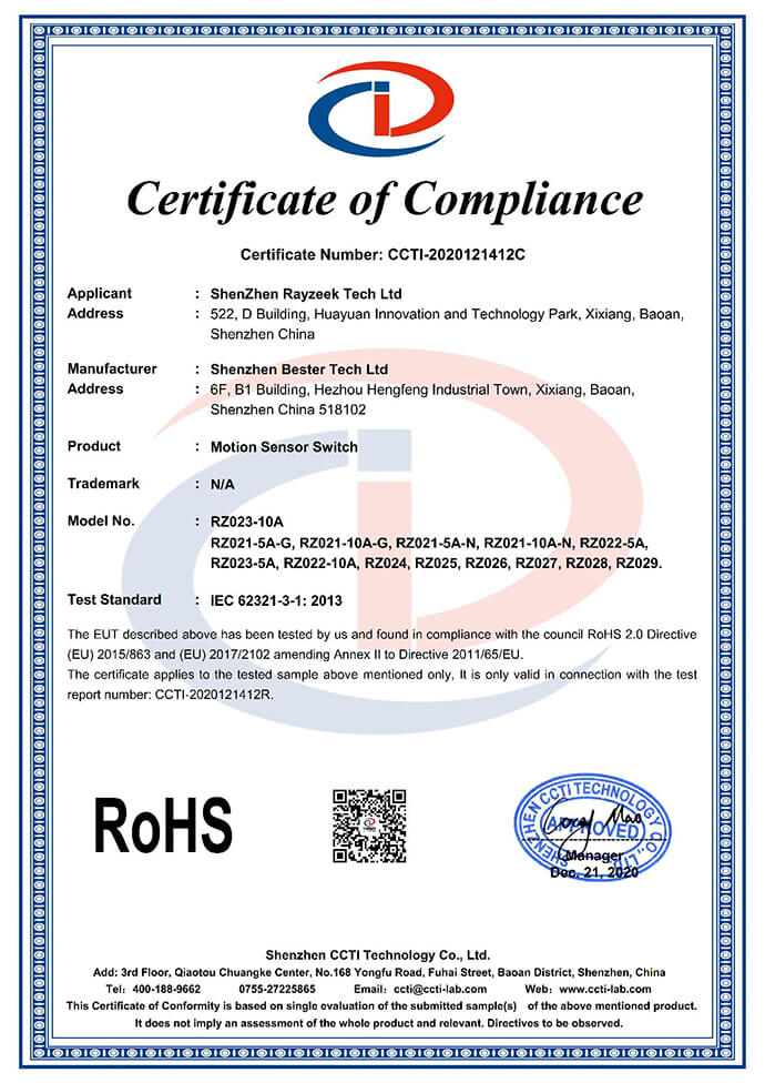 rayzeek motion sensor rohs certification