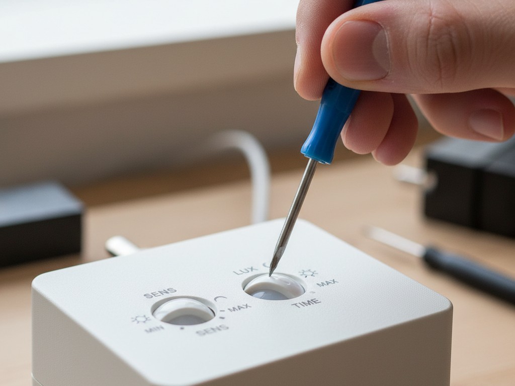 Uma vista em close da mão de uma pessoa ajustando um pequeno dial na parte de trás de um sensor de movimento plug-in.