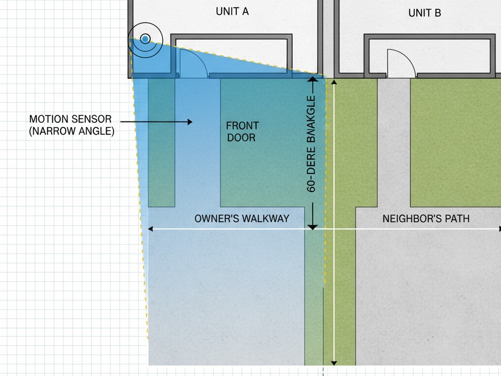 Diagrama aéreo mostrando um sensor de feixe estreito apontado para cobrir uma passarela específica, evitando a propriedade de um vizinho.