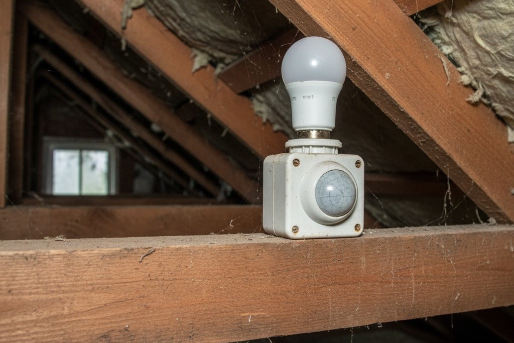 Sensor de movimento instalado e espaço livre para a lâmpada Uma lâmpada LED em um adaptador de sensor de movimento está instalada na luminária do teto de um sótão, posicionada muito próxima a uma ripa de teto de madeira.