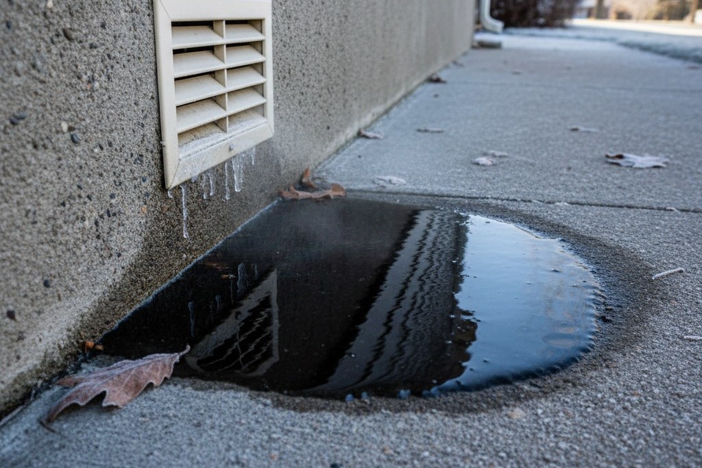 Um pedaço de gelo preto reluzente se formou em uma passarela de concreto no chão, diretamente abaixo de uma ventilação de parede exterior. Algumas geadas e neve estão visíveis nas proximidades.