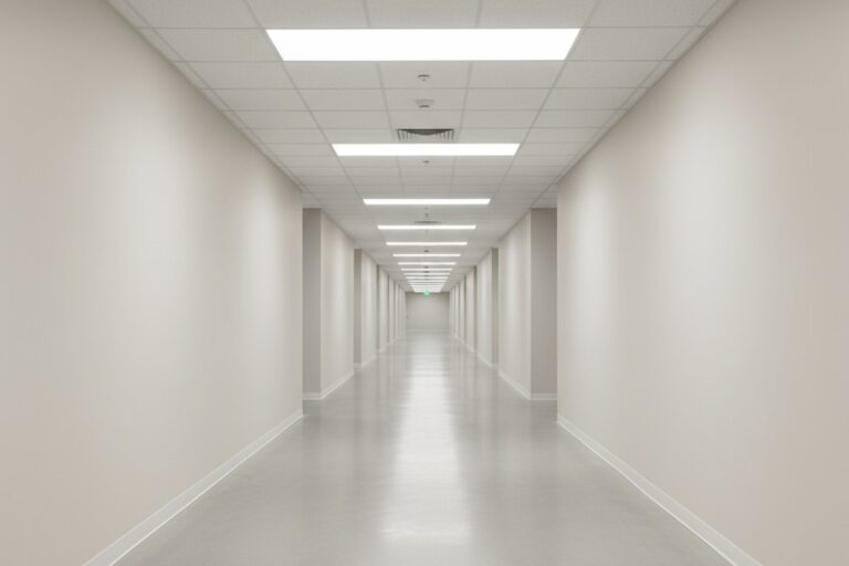 Ένας άδειος, σύγχρονος εμπορικός διάδρομος με γυαλισμένο ανοιχτό γκρι δάπεδο από μπετόν και λευκούς τοίχους φωτίζεται ομοιογενώς από μακριά, ενσωματωμένα γραμμικά LED φωτιστικά στην οροφή.