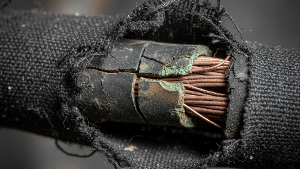 Uma visão de close-up de fios elétricos antigos, pretos, cobertos de tecido, dentro de uma caixa de parede, com o isolamento de borracha visivelmente rachado e descascando.