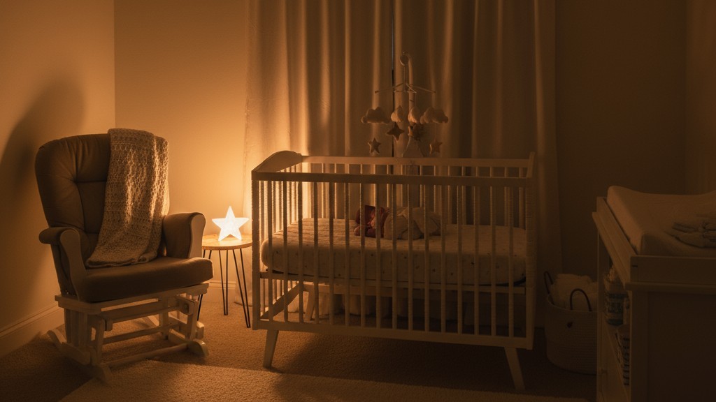 Um berçário à noite é iluminado por uma luz muito tênue e quente, criando um ambiente pacífico e seguro para uma verificação noturna.