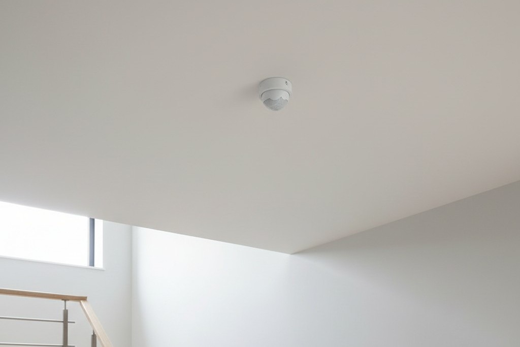 Posicionamento Correto para um Sensor de Movimento de Escadaria Um pequeno sensor de movimento sem fio, branco, está montado no teto no topo de uma escadaria para cobertura de detecção ideal.