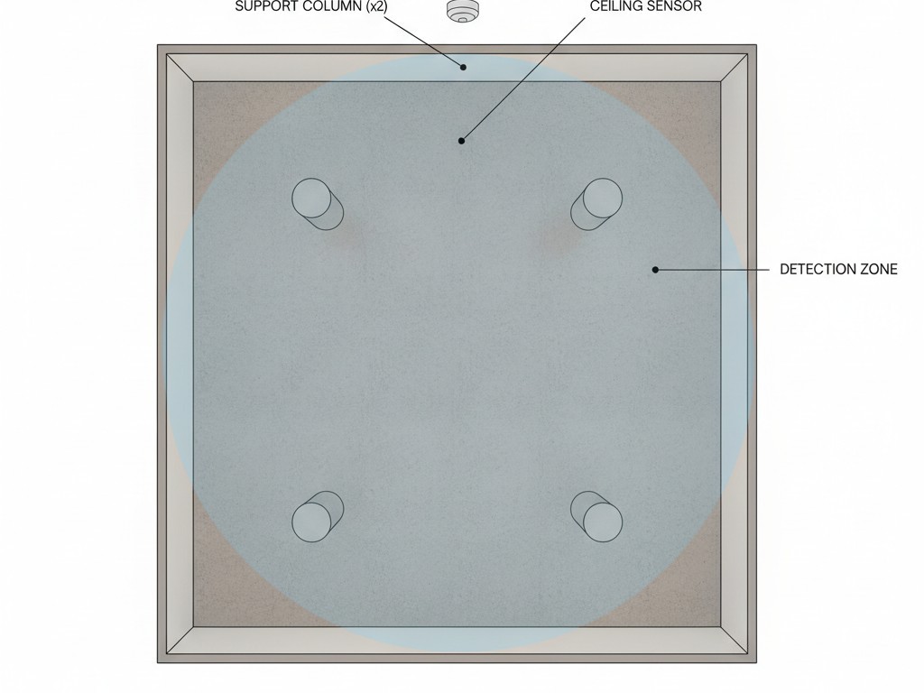 Um diagrama de cima para baixo de um porão com um sensor de teto central. Seu padrão de detecção de 360 graus cobre toda a área, vendo facilmente ao redor dos pilares de suporte.