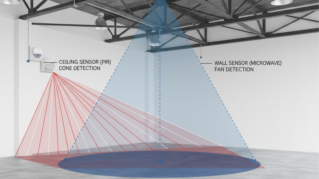Cobertura do sensor de teto versus de parede Diagrama ilustrando a diferença entre o cone descendente de um sensor montado no teto e o campo de visão horizontal de um sensor montado na parede em uma garagem.