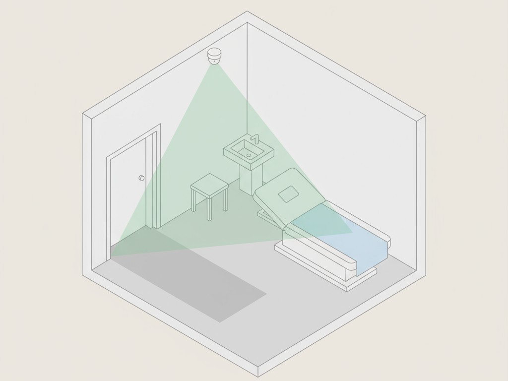 Diagrama ilustrando como posicionar corretamente um sensor de movimento montado no teto em uma sala de exame.