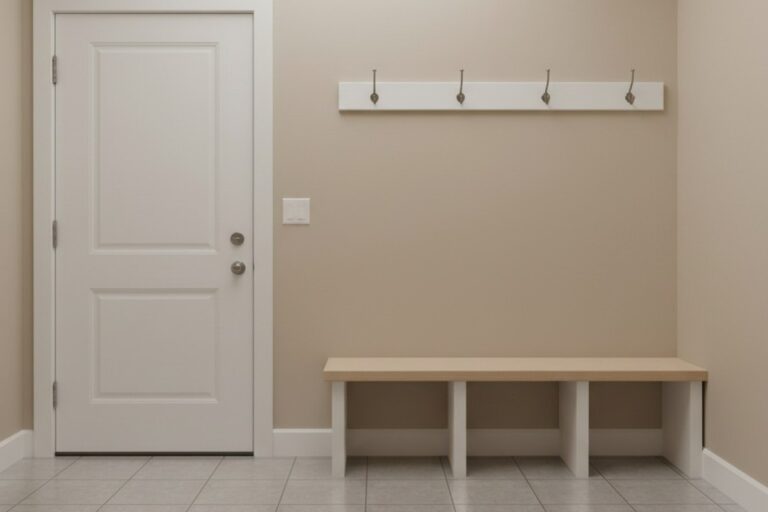 Uma entrada limpa e vazia de um sótão, bem iluminada por luz natural, mostrando um piso de azulejos, um banco com cabides para casacos e uma placa de rosto vazio na parede onde ficaria um interruptor de luz.