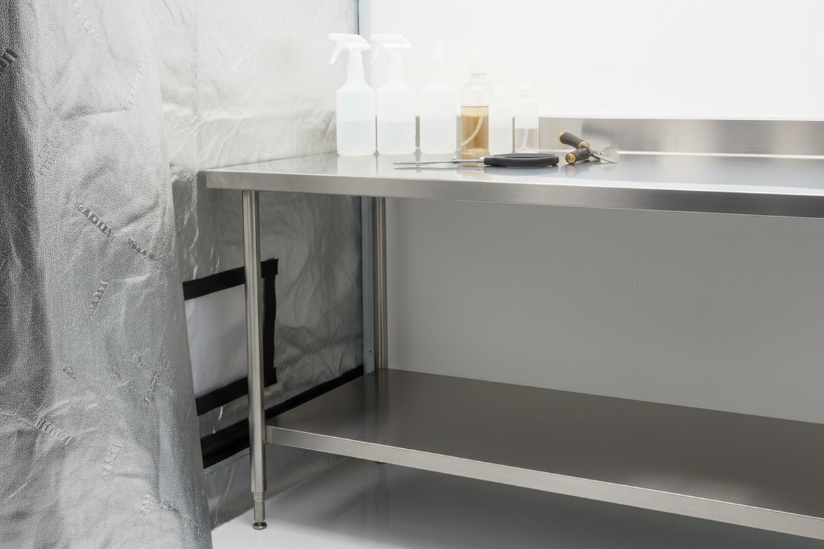 Uma bancada de aço inox com vários frascos de spray e tesouras de jardim fica sob iluminação overhead brilhante, com a parede de mylar prateado de uma tenda de cultivo ao fundo.