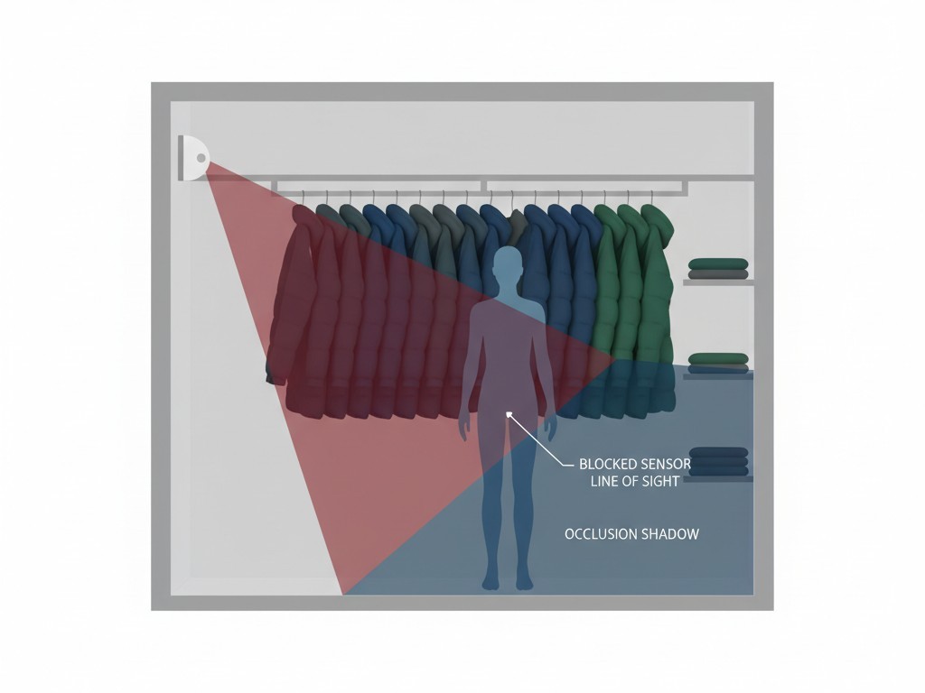Um diagrama ilustra como a linha de visão de um sensor de movimento montado na parede é bloqueada por uma estante de roupas penduradas, impedindo que ele veja uma pessoa dentro do closet.