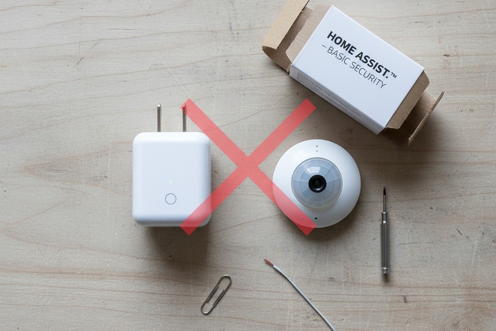 Um plugue inteligente de consumo branco e um pequeno sensor de movimento wireless estão dispostos em uma mesa limpa e moderna, representando uma solução insegura.