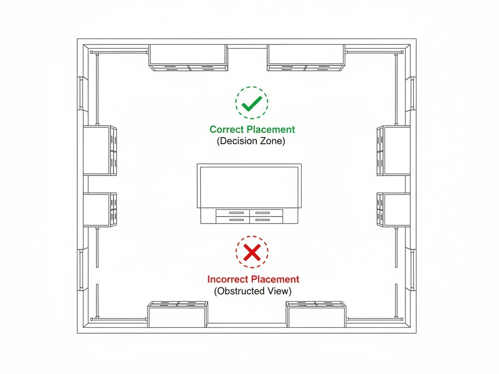 Um plano de planta de cima para baixo de um closet com ilha mostra que a colocação correta para um sensor de teto é sobre o corredor, não no centro do cômodo.