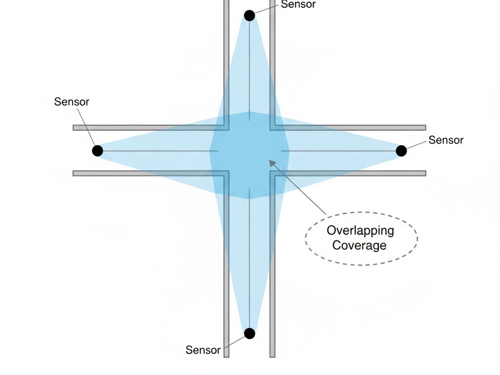 Um diagrama mostrando uma interseção em T em um armazém. Sensores estão colocados na interseção para monitorar todos os pontos de entrada, com suas zonas de detecção se sobrepondo para evitar pontos cegos.