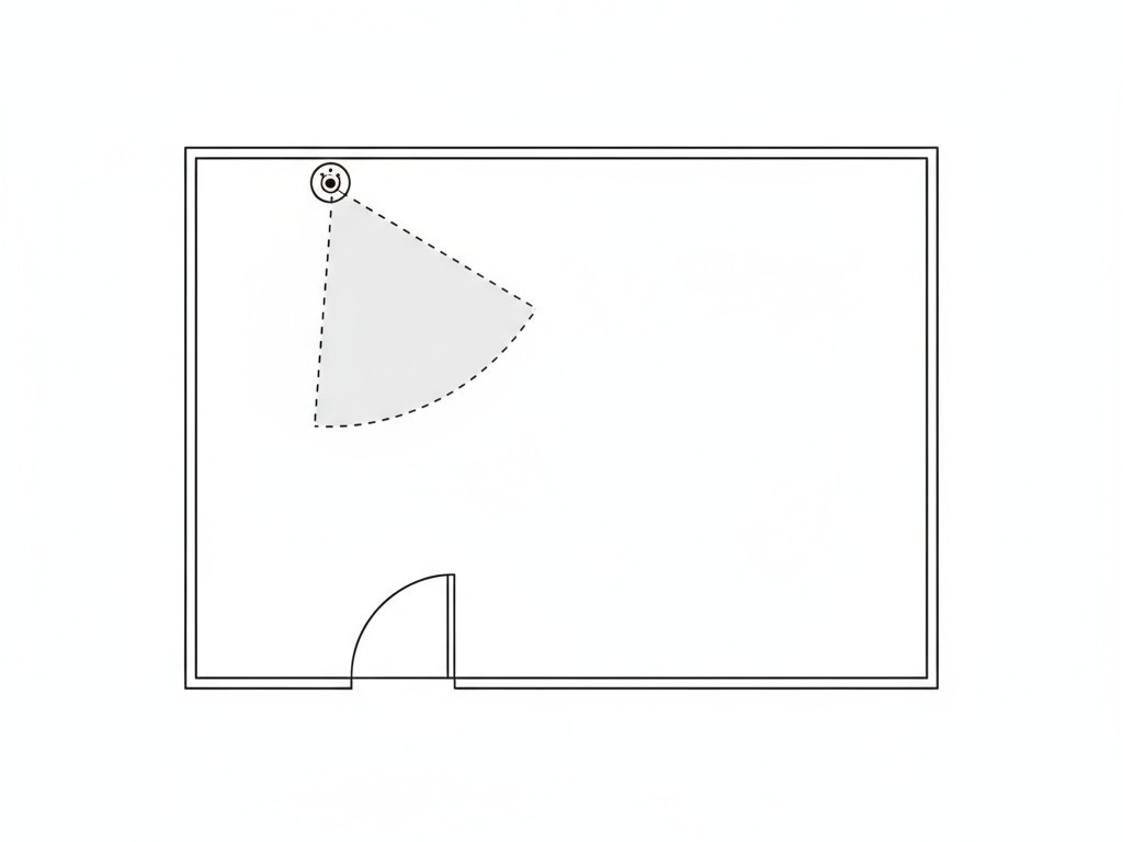 Um diagrama mostrando uma vista de cima para baixo de um corredor com um sensor de movimento corretamente posicionado para detectar movimento de uma porta de quarto antes de uma pessoa entrar.