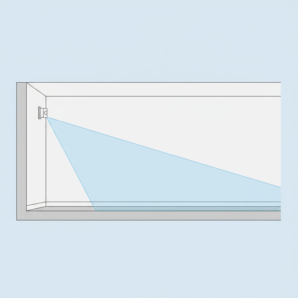 Uma ilustração mostrando um sensor de movimento montado alto na parede e inclinado para baixo, para criar uma zona de detecção eficaz.