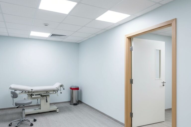 Um pequeno sensor de movimento branco, redondo, está instalado no teto próximo à porta de uma sala de exame médico, com a mesa de exame visível ao fundo.