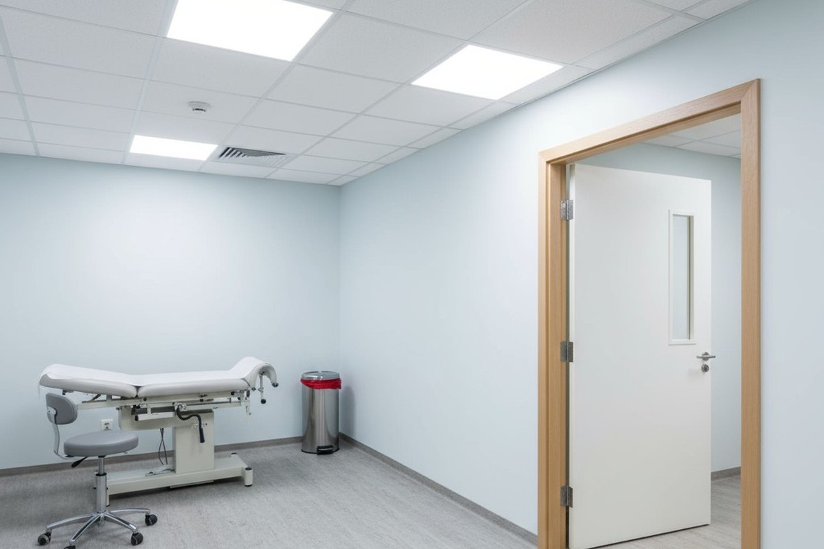 Um pequeno sensor de movimento branco, redondo, está instalado no teto próximo à porta de uma sala de exame médico, com a mesa de exame visível ao fundo.