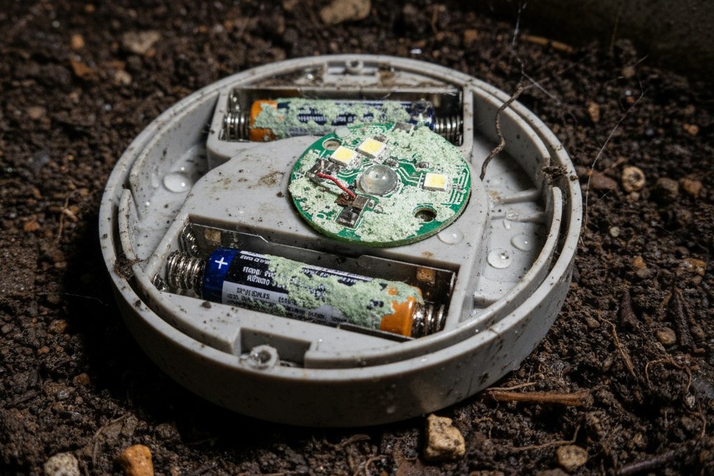 Uma luminária de LEDs suja, alimentada por bateria, está em um chão de terra úmido, com contatos da bateria exibindo corrosão visível de cor verde e branca.