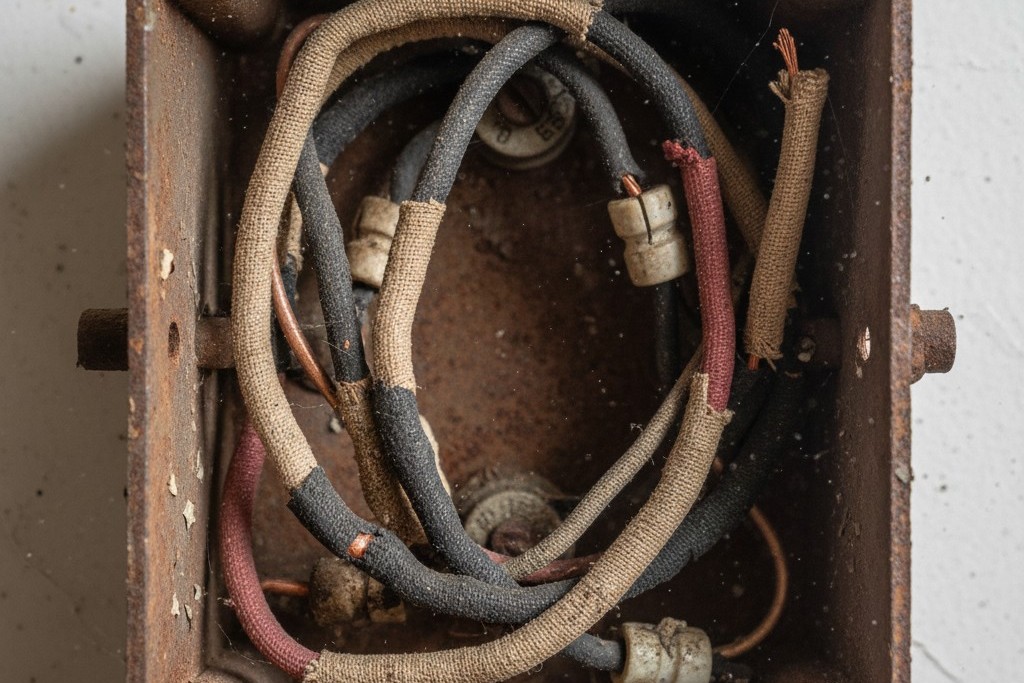 Uma caixa elétrica de metal aberta e rasa de uma casa antiga, cheia de fios rígidos cobertos de tecido, com espaço muito pequeno.