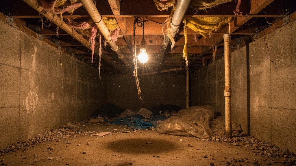 Uma única lâmpada incandescente exposta pendura de um fio, projetando sombras duras através de vigas de madeira expostas e tubos em um espaço de rastejo escuro.