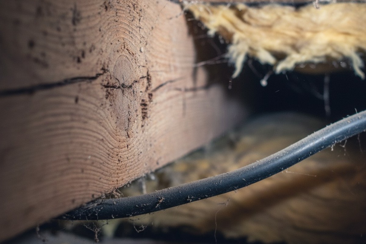 Uma fotografia close-up e abstrata mostrando a textura grosseira e granulada de uma antiga viga de chão de madeira. O fundo está suavemente desfocado com isolamento e um fio elétrico visíveis.