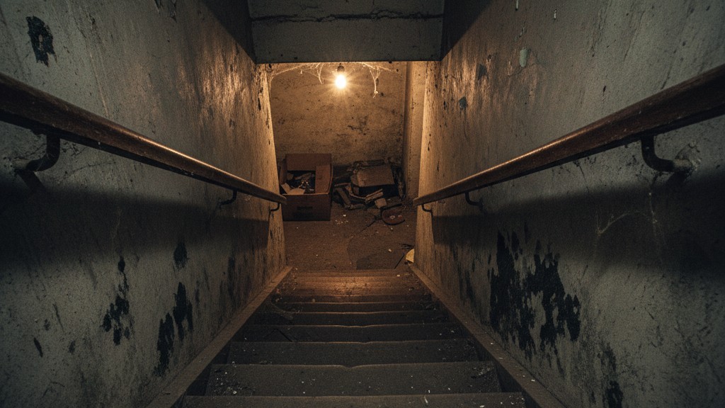 Ver a Parte Inferior de uma Escadaria de Porão Escura e Mal Iluminada Vista em primeira pessoa olhando para baixo uma escada escura em direção a um porão, onde uma lâmpada fraca não ilumina os degraus sombreados.