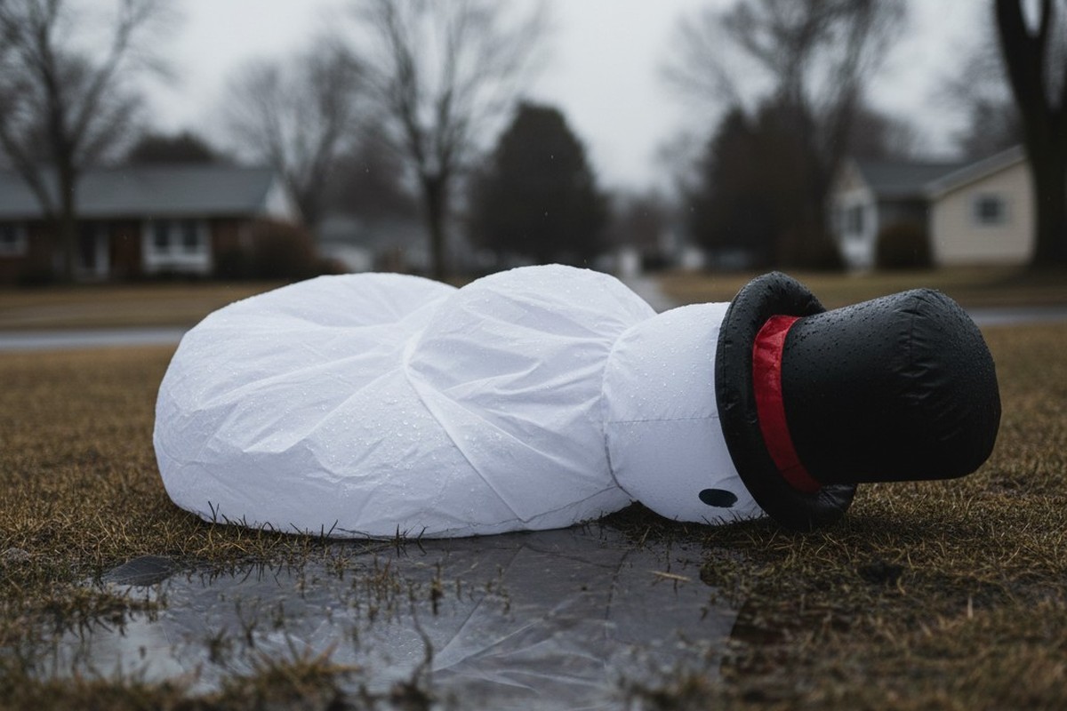 Um grande boneco de neve inflável, branco e desinflado, jaz desabado em uma poça em um gramado encharcado. Seu chapéu preto de plástico está na grama ao lado dele.