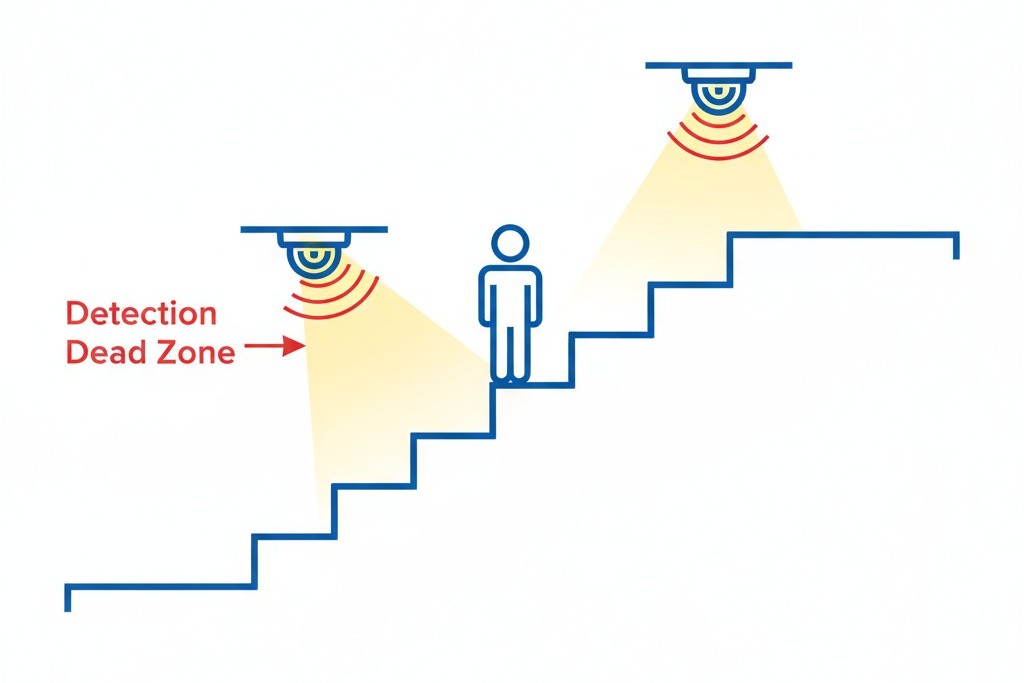 Um diagrama mostrando como as lacunas entre as áreas de cobertura de dois sensores de movimento em uma escada criam uma zona morta não detectada.