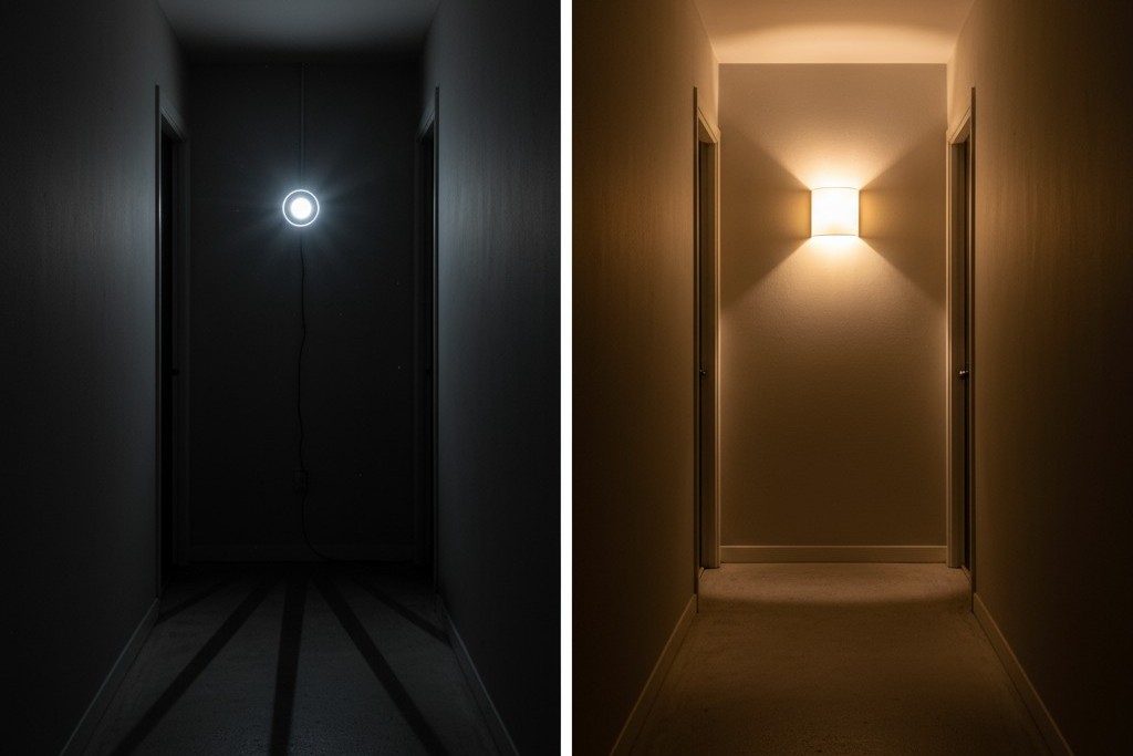 Uma imagem de tela dividida comparando um corredor com uma lâmpada exposta extremamente intensa e ofuscante com o mesmo corredor iluminado por uma luz difusa suave apontada para baixo.