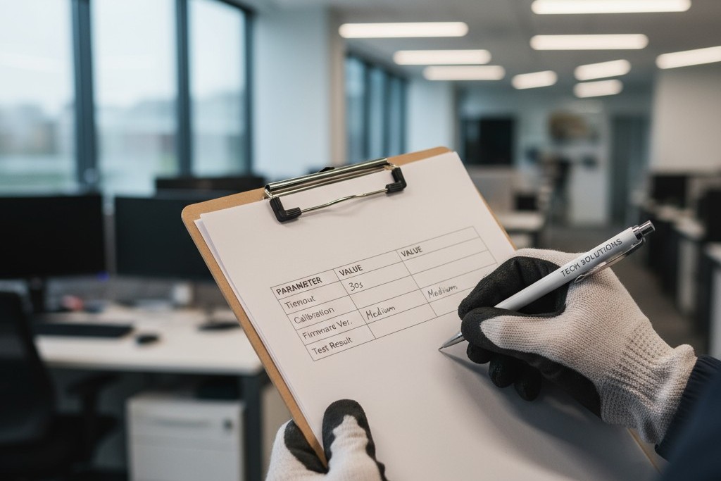 Um instalador escrevendo as configurações finais do sensor em um log de comissão em uma prancheta.