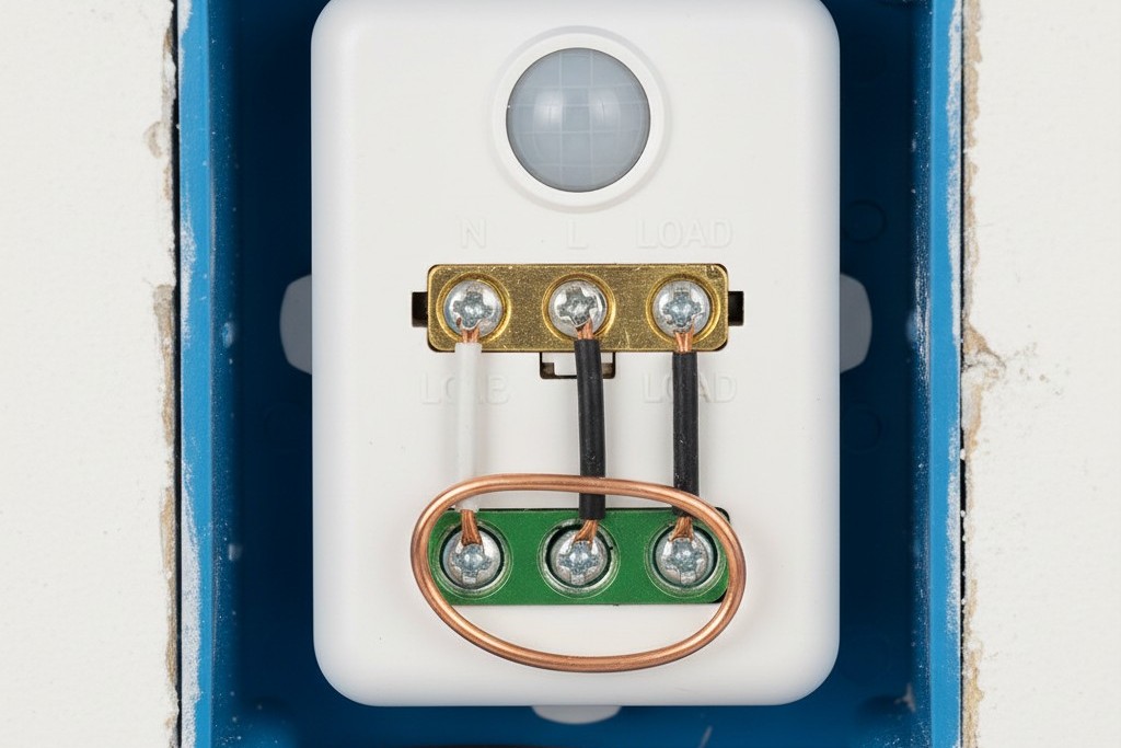 Um primeiro plano de uma caixa elétrica de parede aberta mostrando cabos preto, vermelho e branco conectados aos terminais de um interruptor de sensor de movimento.