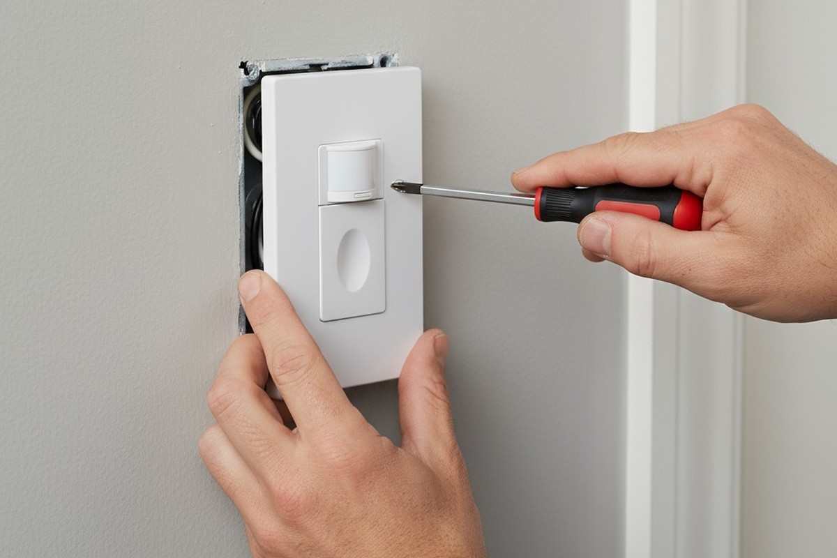 Close-up das mãos de um eletricista usando uma chave de fenda para instalar um interruptor sensor de ocupação branco em uma caixa elétrica numa parede cinza.