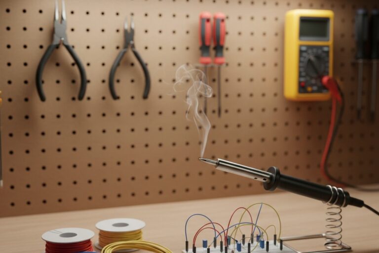 Uma bancada de eletrônica sustenta bobinas de fios coloridos, uma breadboard com componentes e um ferro de solda quente na sua base. Ao fundo, ferramentas penduram-se em um painel perfurado.