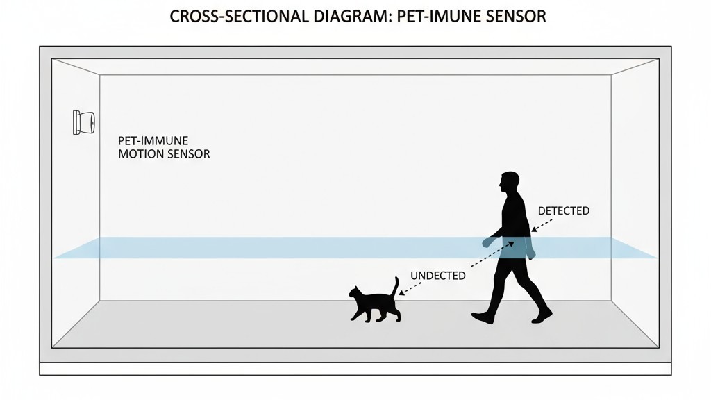 Um diagrama mostrando um sensor imune a pets montado alto em uma parede, criando um plano de detecção que fica acima do chão, permitindo que um gato passe por baixo enquanto detecta uma pessoa.