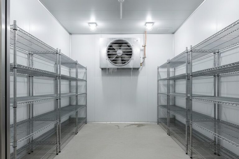 O interior bem iluminado de um grande freezer walk-in comercial vazio contém filas de prateleiras de arame em aço inoxidável contra paredes de painéis isolados brancos.