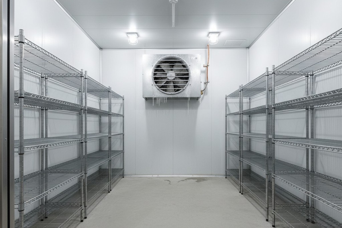 O interior bem iluminado de um grande freezer walk-in comercial vazio contém filas de prateleiras de arame em aço inoxidável contra paredes de painéis isolados brancos.