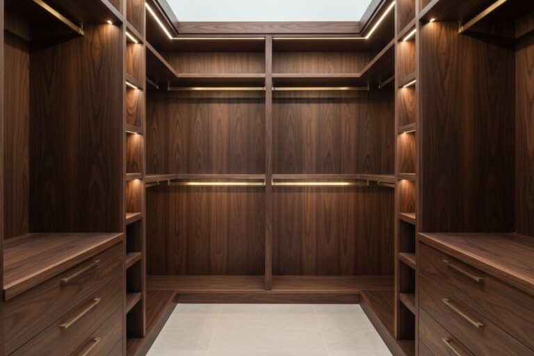 Vista arquitetônica do corredor central de um grande closet vazio com mobília de nogueira escura. Iluminação de fita de LED integrada ilumina as prateleiras e cabides de forma brilhante.