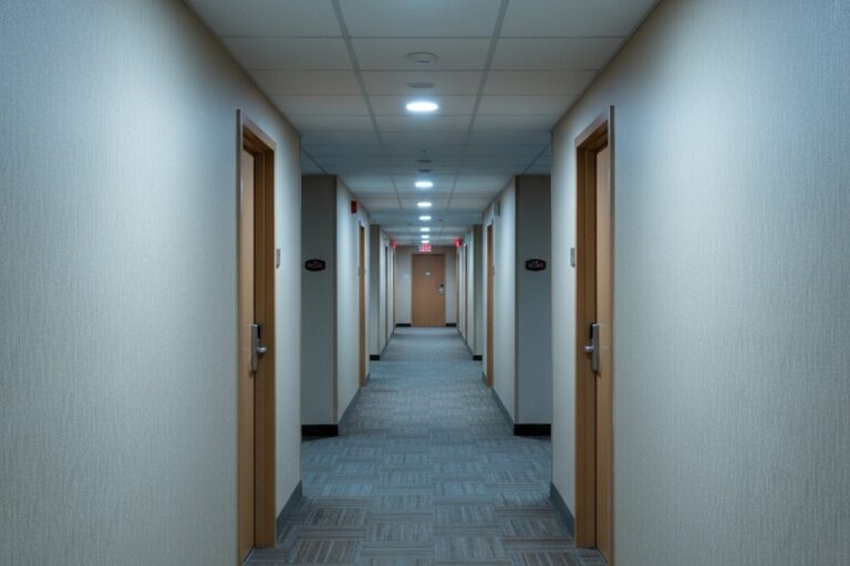Μια μακριά, άδεια διαδρομή ξενοδοχείου απλώνεται στο βάθος, φωτισμένη έντονα από ενσωματωμένα κυκλικά φώτα στην οροφή.