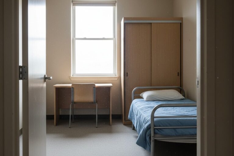 Uma visão ampla de um dormitório de estudante vazio e com poucos móveis, com uma cama, uma mesa e um armário, iluminado por uma luz suave de uma grande janela nua.