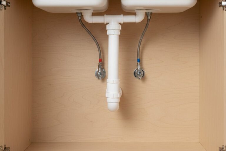 O interior de um armário de cozinha sob a pia limpo e vazio, mostrando um sifão P de PVC branco e linhas de água de metal trançado contra uma parede de fundo clara.