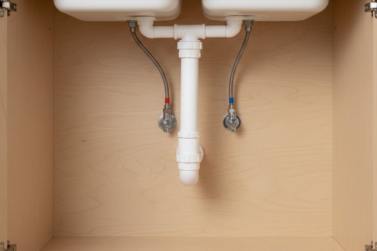 O interior de um armário de cozinha sob a pia limpo e vazio, mostrando um sifão P de PVC branco e linhas de água de metal trançado contra uma parede de fundo clara.