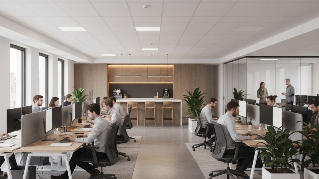 Um espaço de escritório moderno e claro, onde as pessoas estão trabalhando confortavelmente, com as luzes acesas, ilustrando a operação perfeita de um sensor de movimento que economiza energia.
