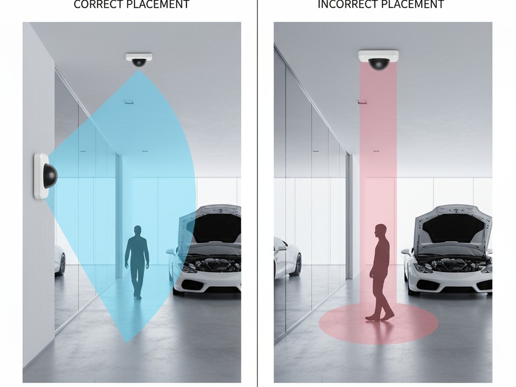 Um diagrama dividido comparando duas colocações de sensores. Um tem uma visão ampla causando disparos falsos de carros; o outro tem uma visão focada em um caminho para maior precisão.