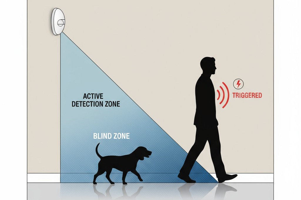 Diagrama mostrando como um sensor de movimento montado alto cria uma zona cega perto do piso, permitindo que animais de estimação passem despercebidos enquanto ainda detecta pessoas.