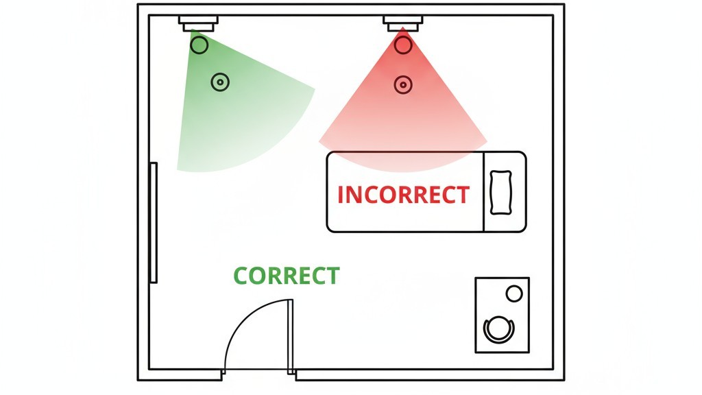 Diagrama mostrando a colocação correta e incorreta do sensor de movimento em uma sala de exame médico para proteger a privacidade do paciente.
