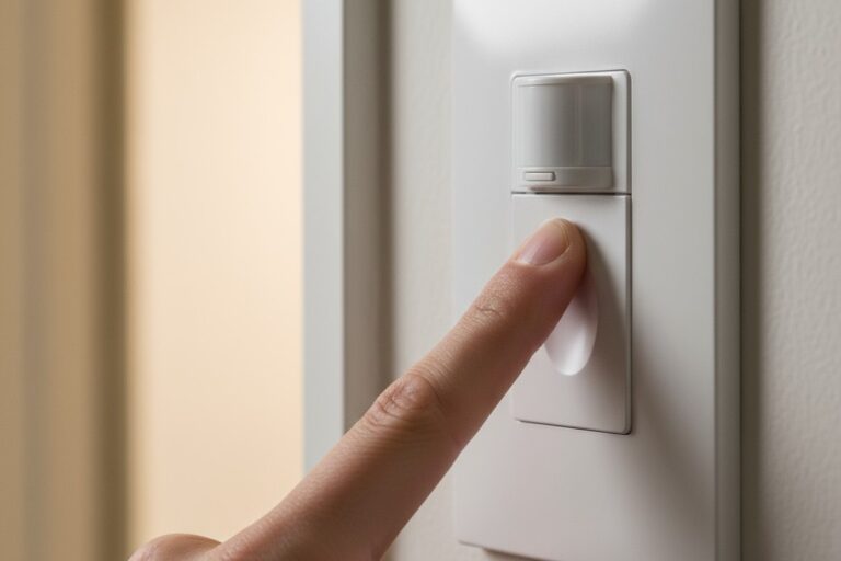 Uma fotografia macro mostra o dedo de uma pessoa pressionando o grande botão de oscilação de um interruptor de luz branco montado em uma parede texturizada em um quarto escuro.