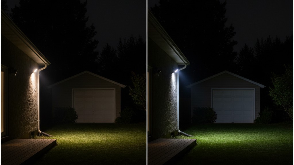 Uma comparação lado a lado de um feixe de holofote largo dissipando-se na escuridão e um feixe de holofote estreito iluminando brilhantemente uma porta de garagem distante.