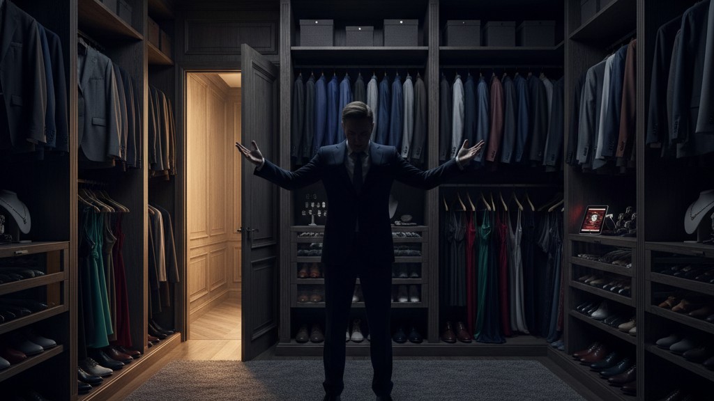 Uma pessoa está de perfil em um closet de alta qualidade que ficou escuro, acenando com os braços com frustração para acender as luzes.