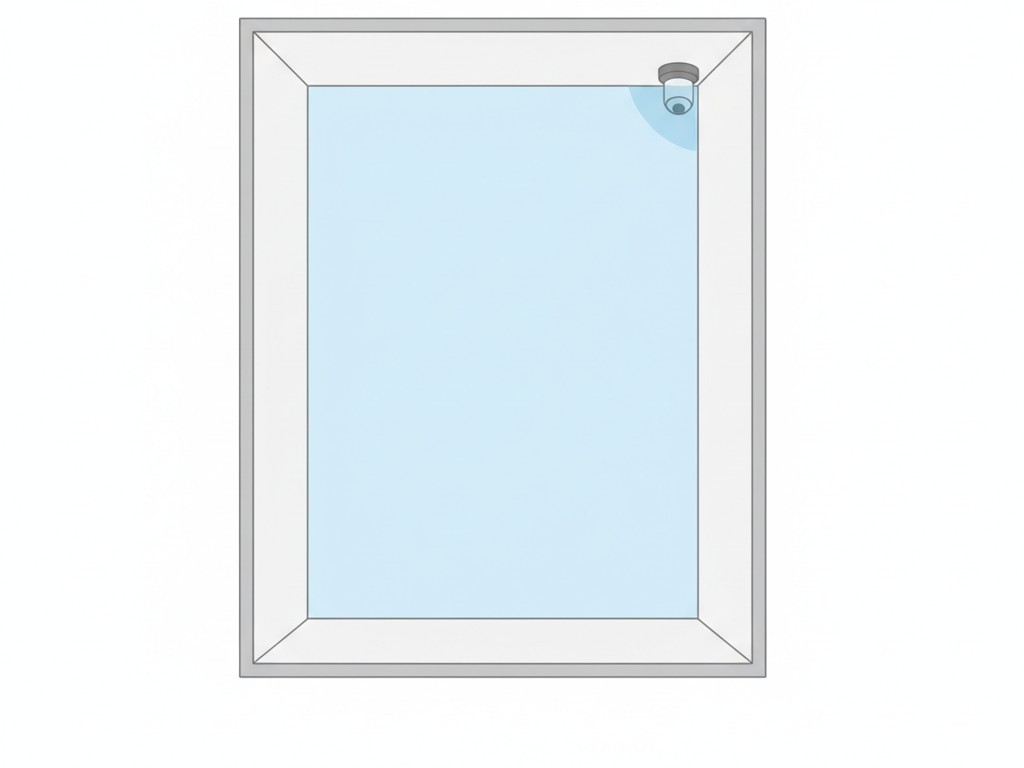 Diagrama de cima para baixo de um corredor em forma de L com um sensor de movimento colocado no teto no canto externo, proporcionando uma linha de visão clara ao longo de ambas as pernas do corredor.